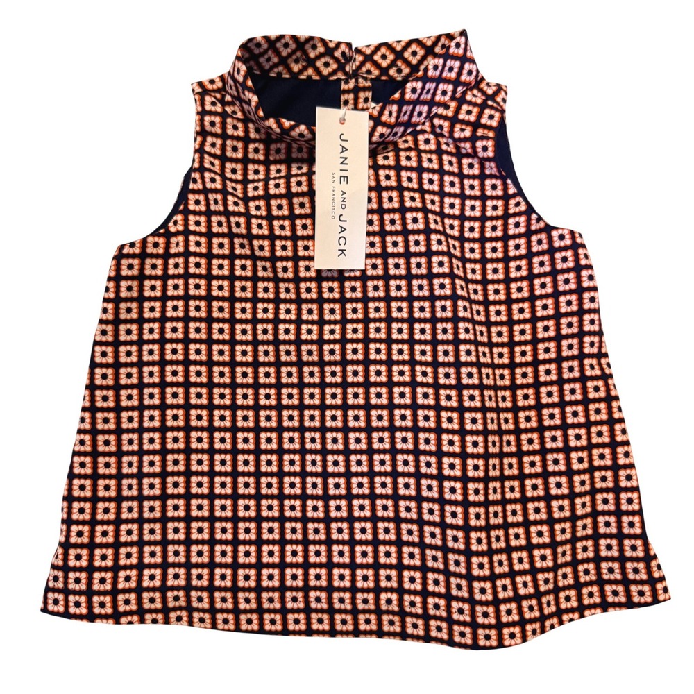 NWT Janie & Jack Girls Navy Orange Floral Geometric Mock Neck Top 18-24 M Preppy